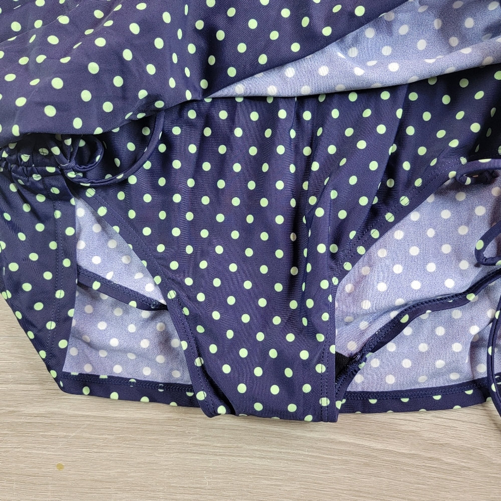 Meet Curve Womens XL Swimsuit Dress Blue Green Polka Dot Ruched Tie Sides NWT - Picture 3 of 11